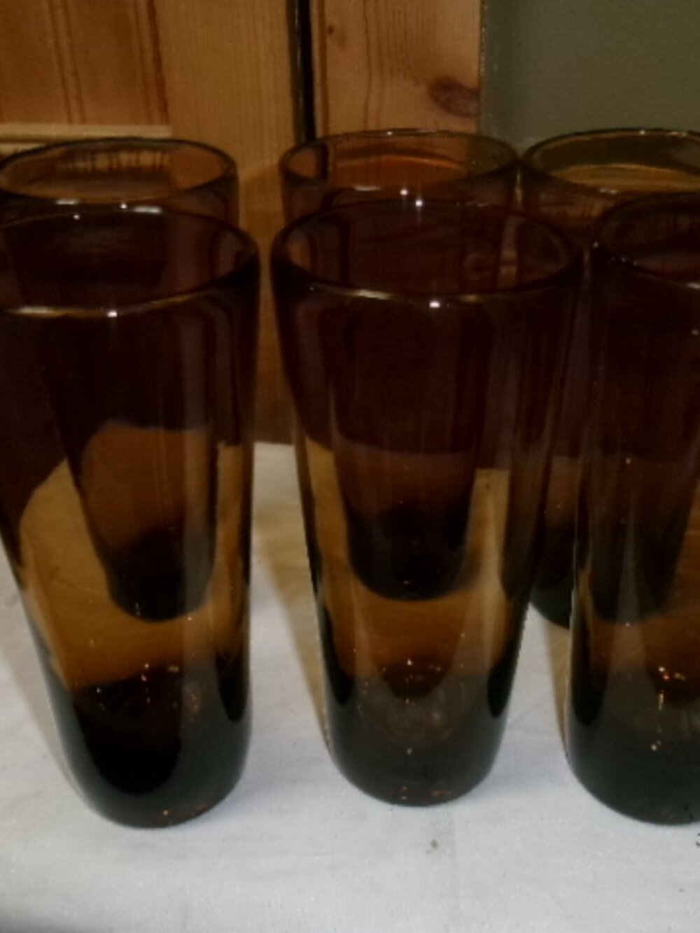 6- Vtg handblown tumblers deep chocolate brown tapered stunning 9 in H